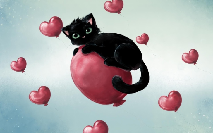 Fondo de pantalla Black Kitty And Red Heart Balloons