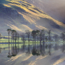 Mountanes, Lake And Trees Painting wallpaper 128x128