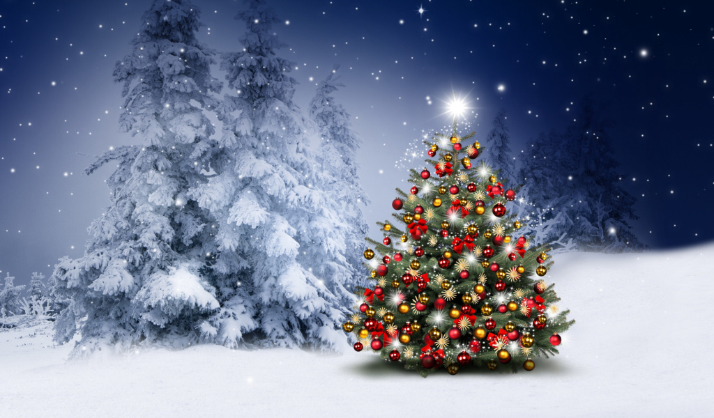 Das Winter Christmas tree Wallpaper 1024x600