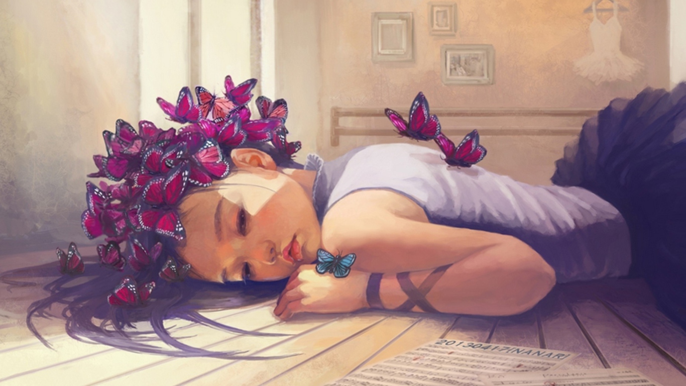 Butterfly Girl Painting wallpaper 1366x768