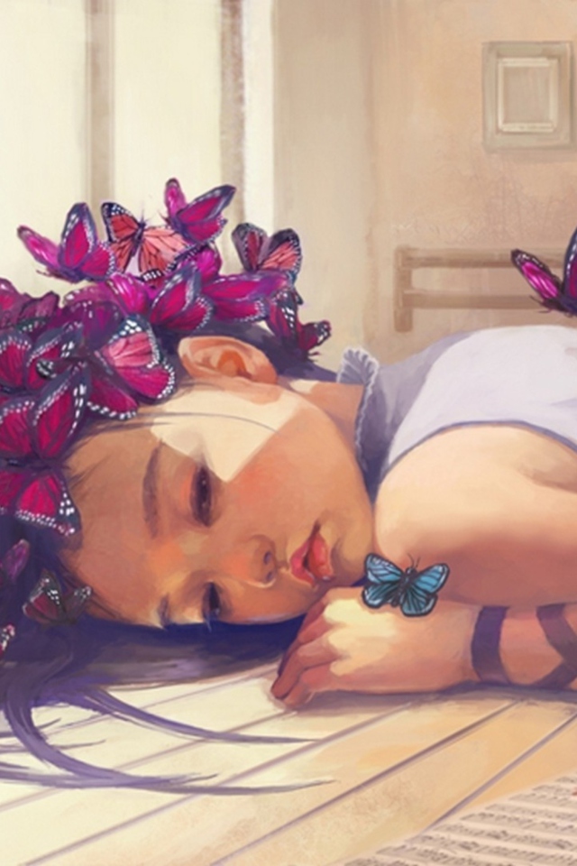Обои Butterfly Girl Painting 640x960