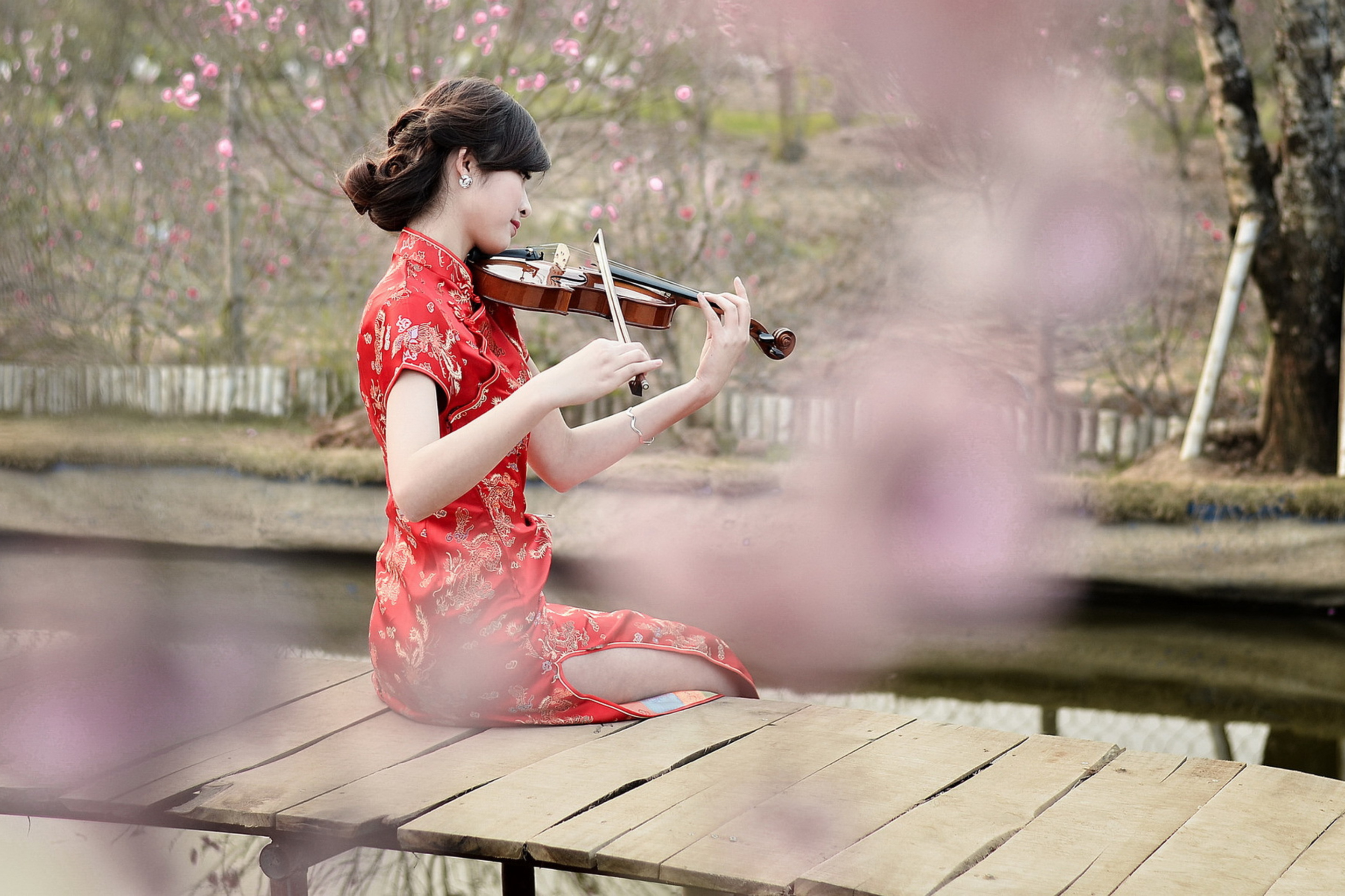 Обои Pretty Asian Girl Violinist 2880x1920