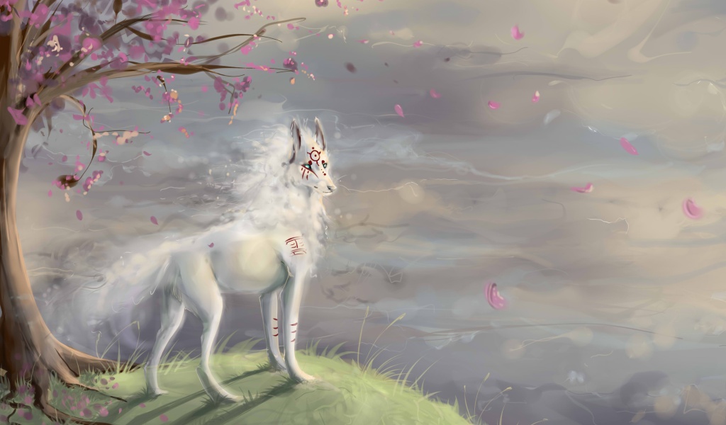 Fondo de pantalla Art Wolf and Sakura 1024x600