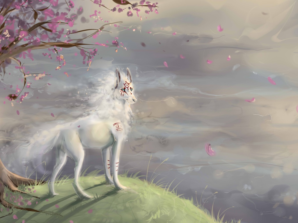 Das Art Wolf and Sakura Wallpaper 1024x768