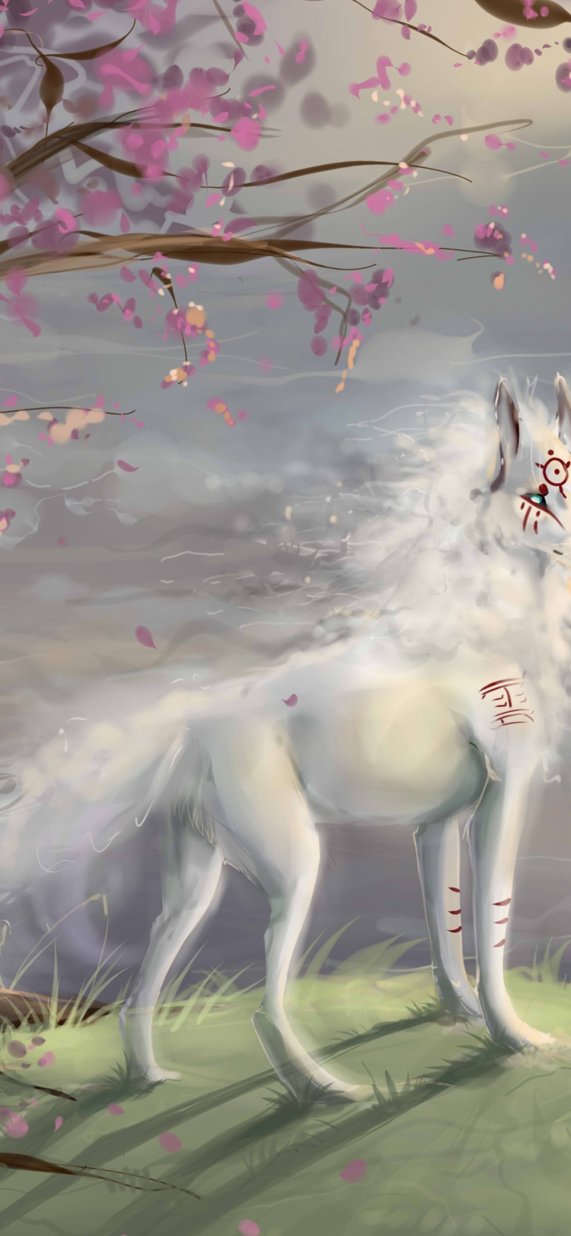 Sfondi Art Wolf and Sakura 1170x2532