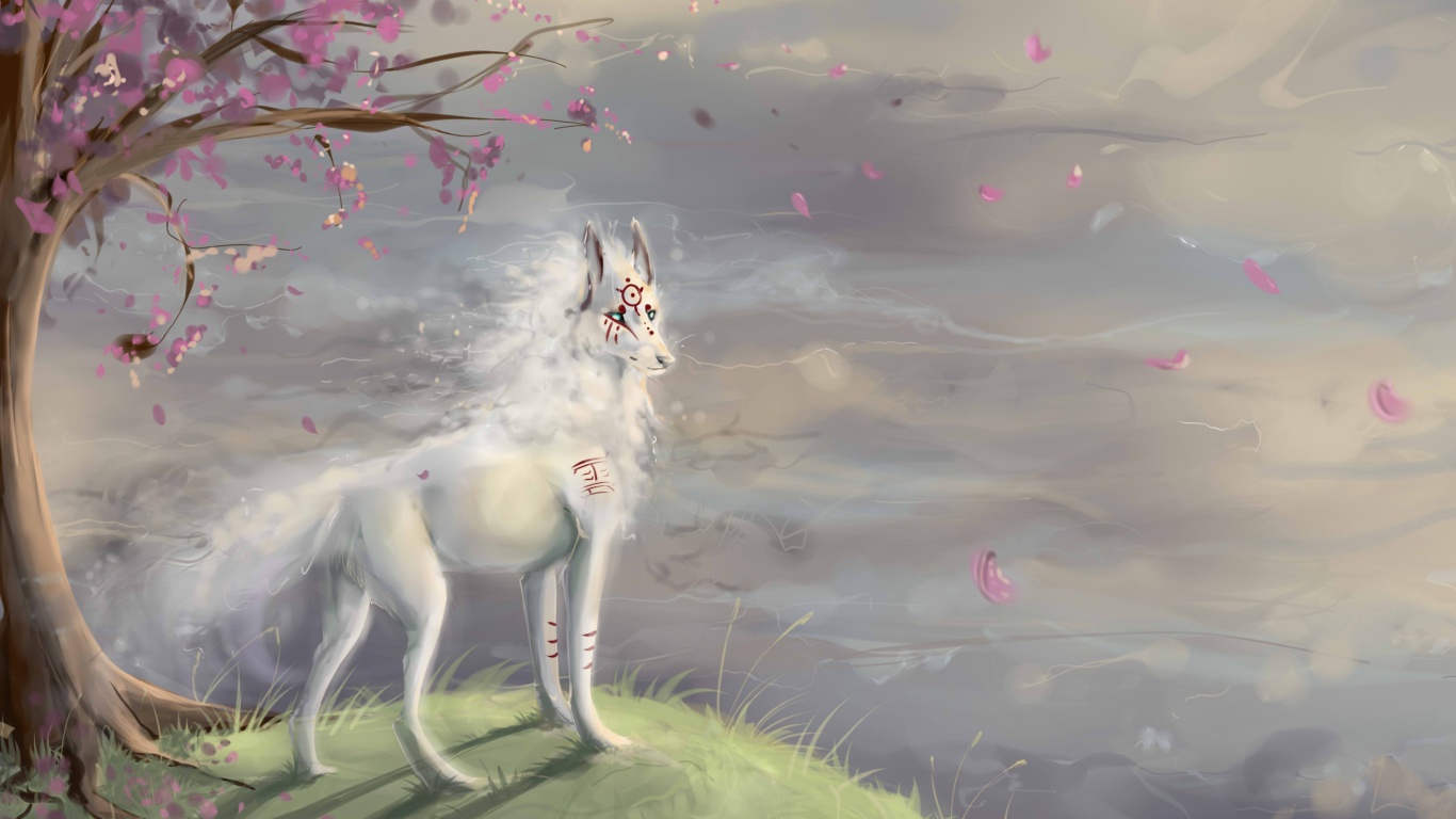Das Art Wolf and Sakura Wallpaper 1366x768