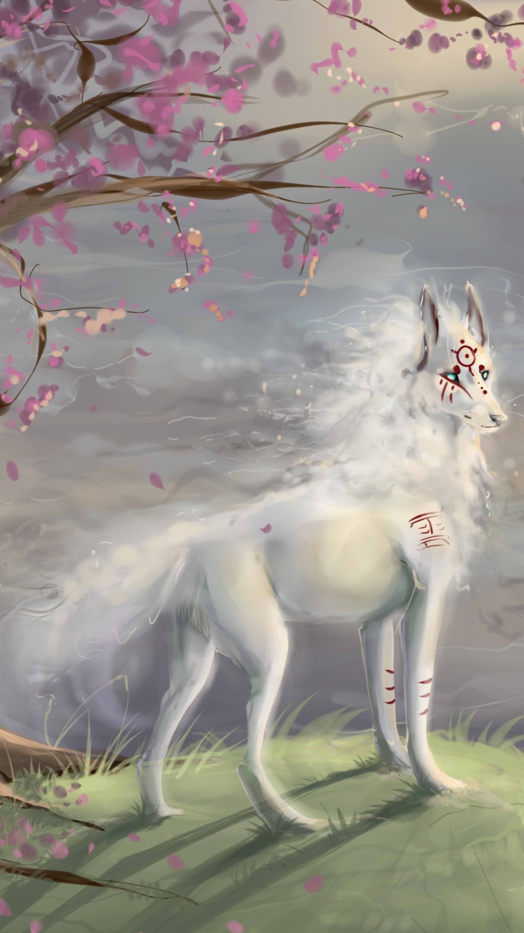 Das Art Wolf and Sakura Wallpaper 750x1334