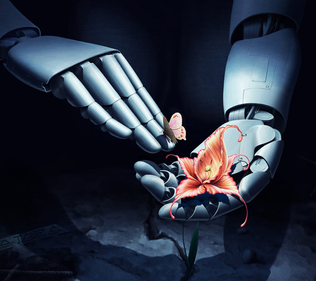 Обои Art Robot Hand with Flower 1080x960