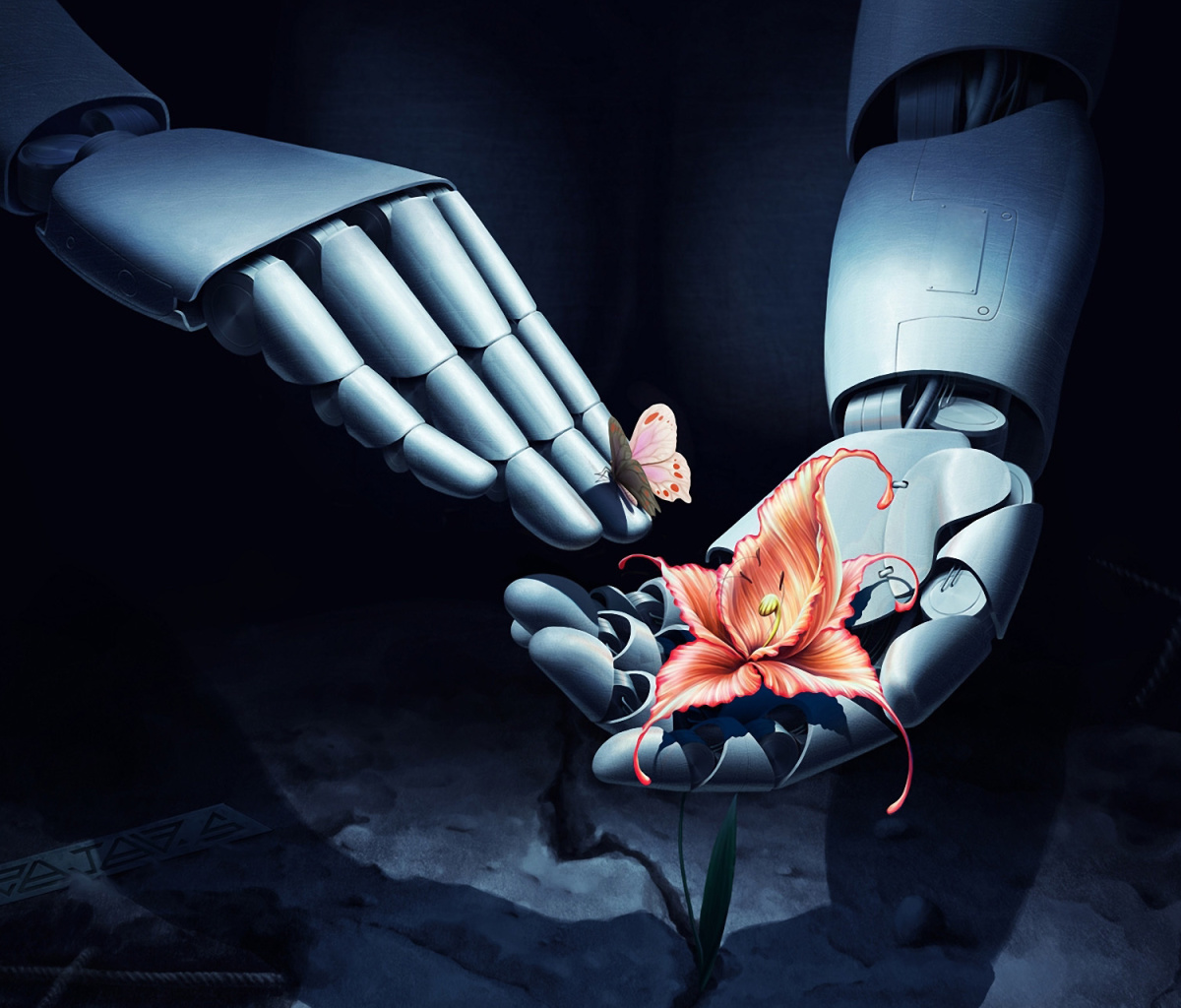 Обои Art Robot Hand with Flower 1200x1024