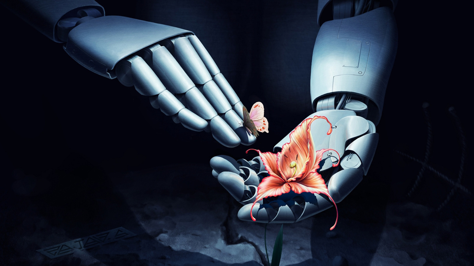 Fondo de pantalla Art Robot Hand with Flower 1600x900