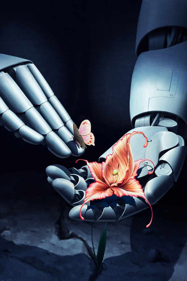 Fondo de pantalla Art Robot Hand with Flower 640x960