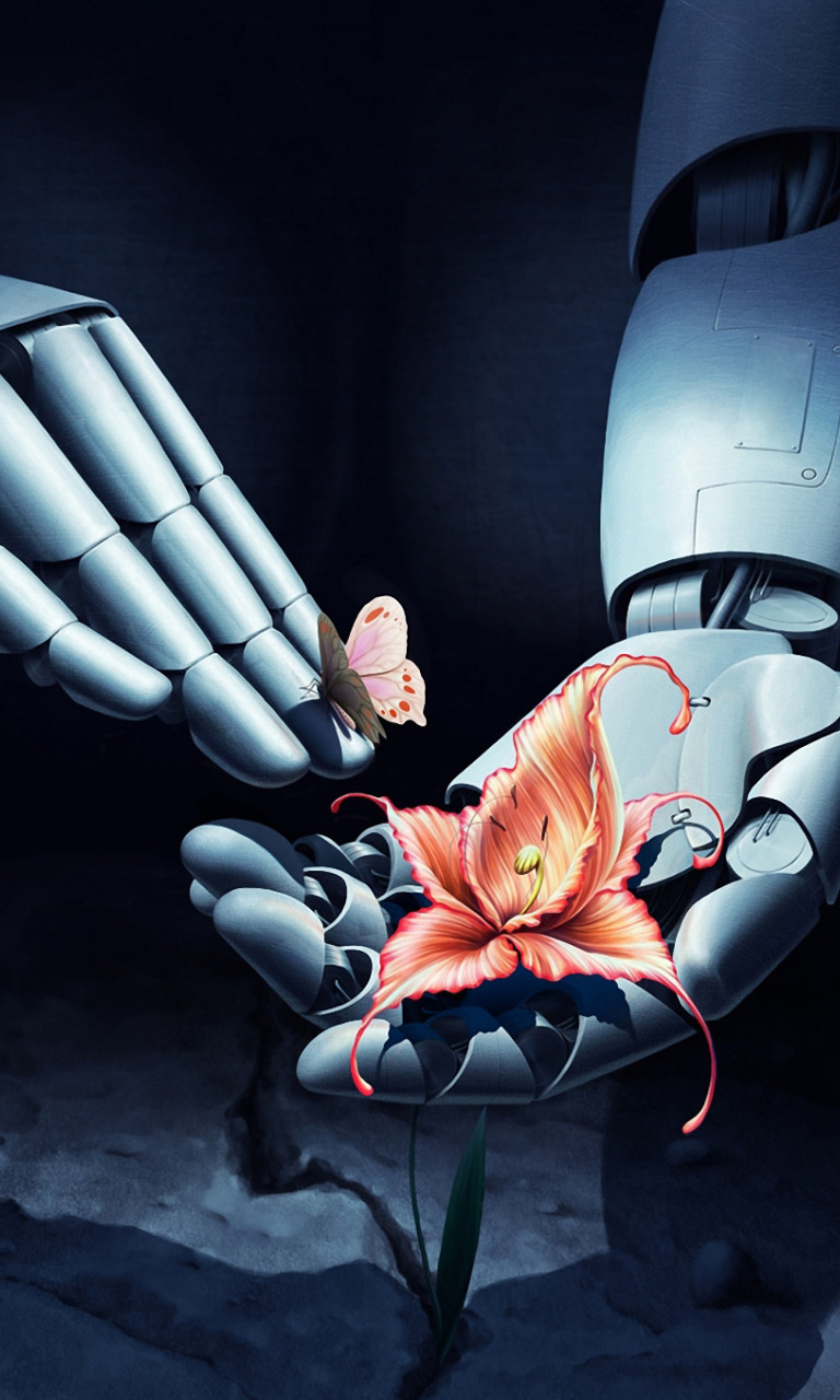 Обои Art Robot Hand with Flower 768x1280
