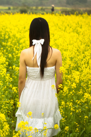 Sfondi Girl At Yellow Flower Field 320x480