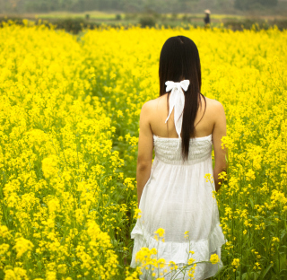 Kostenloses Girl At Yellow Flower Field Wallpaper für 1024x1024