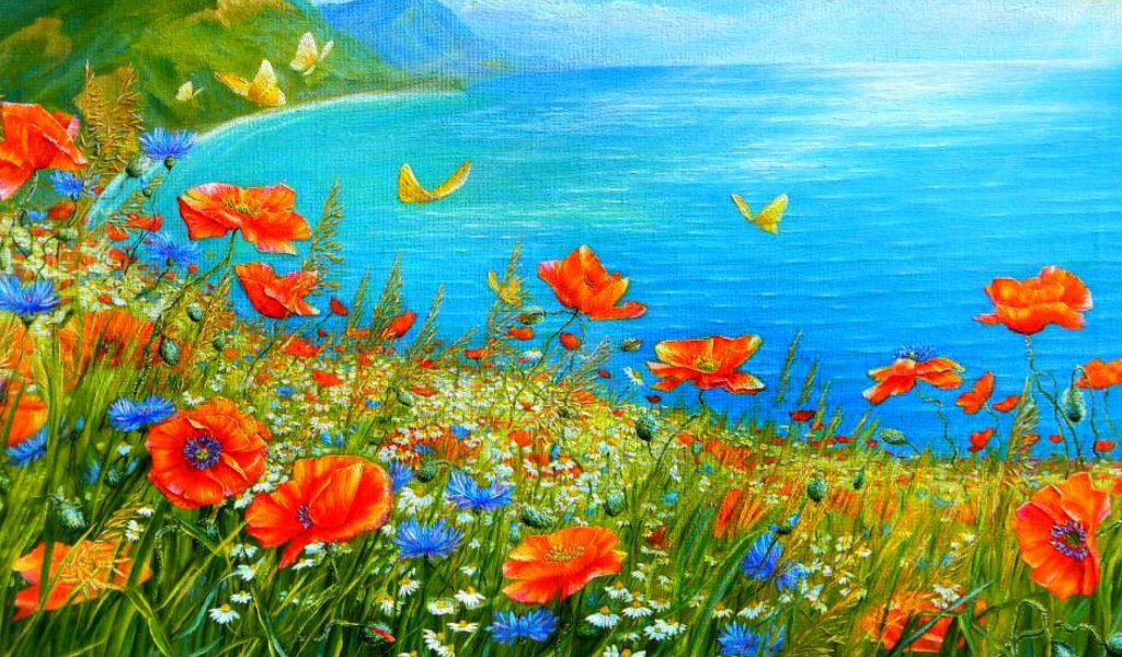 Обои Summer Meadow By Sea Painting 1024x600