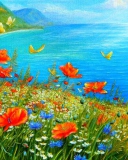 Das Summer Meadow By Sea Painting Wallpaper 128x160