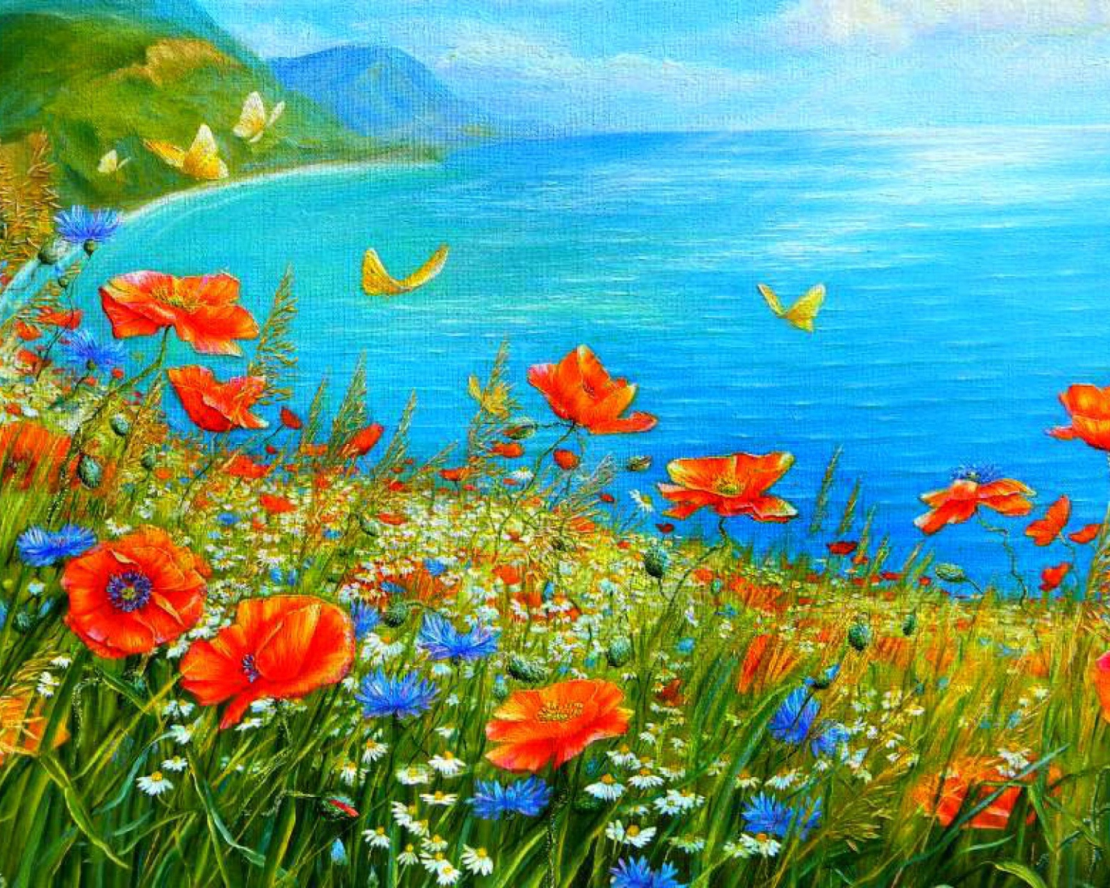 Обои Summer Meadow By Sea Painting 1600x1280