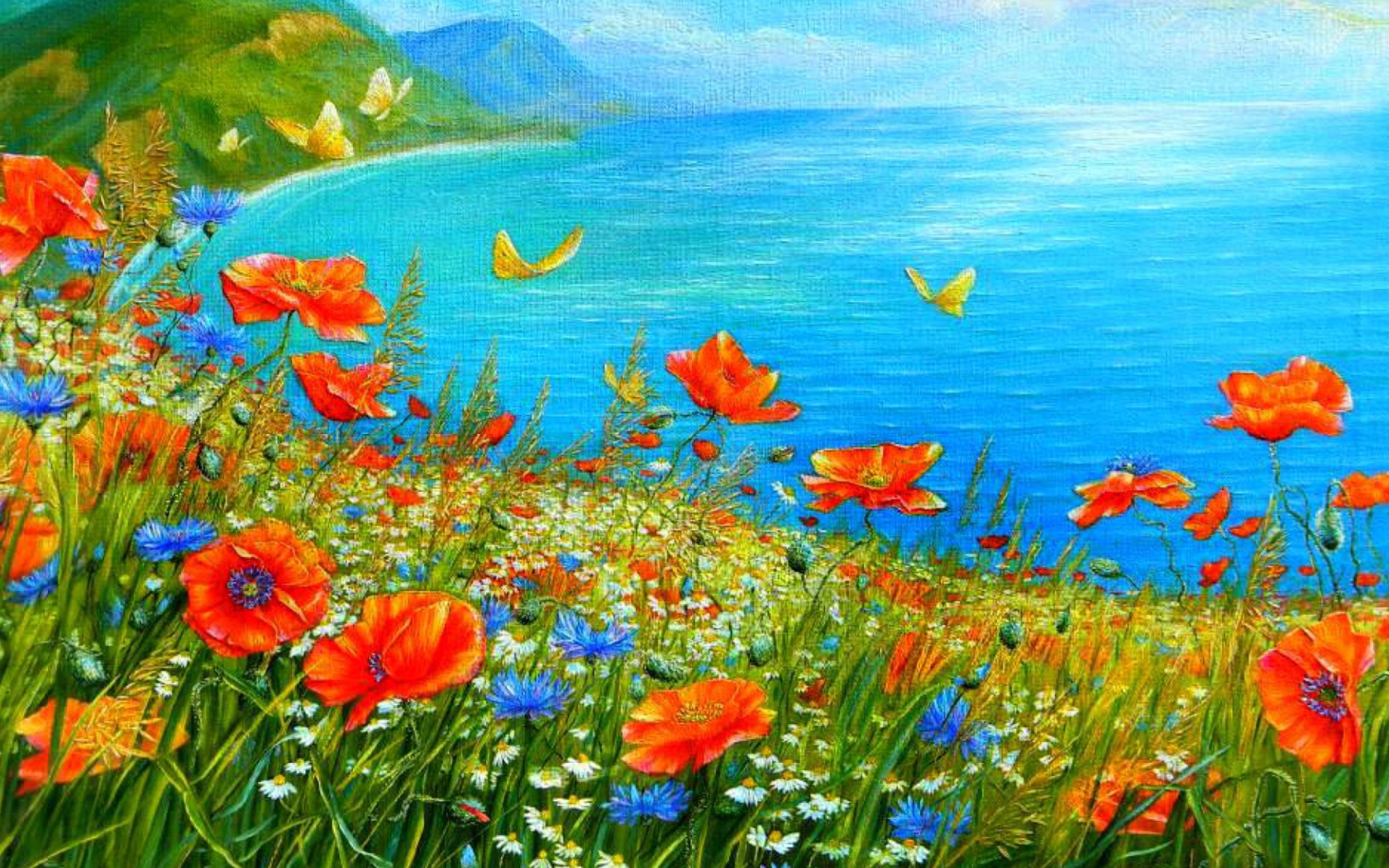 Das Summer Meadow By Sea Painting Wallpaper 1680x1050