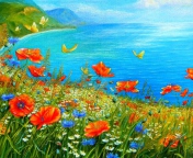 Das Summer Meadow By Sea Painting Wallpaper 176x144