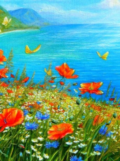 Обои Summer Meadow By Sea Painting 240x320