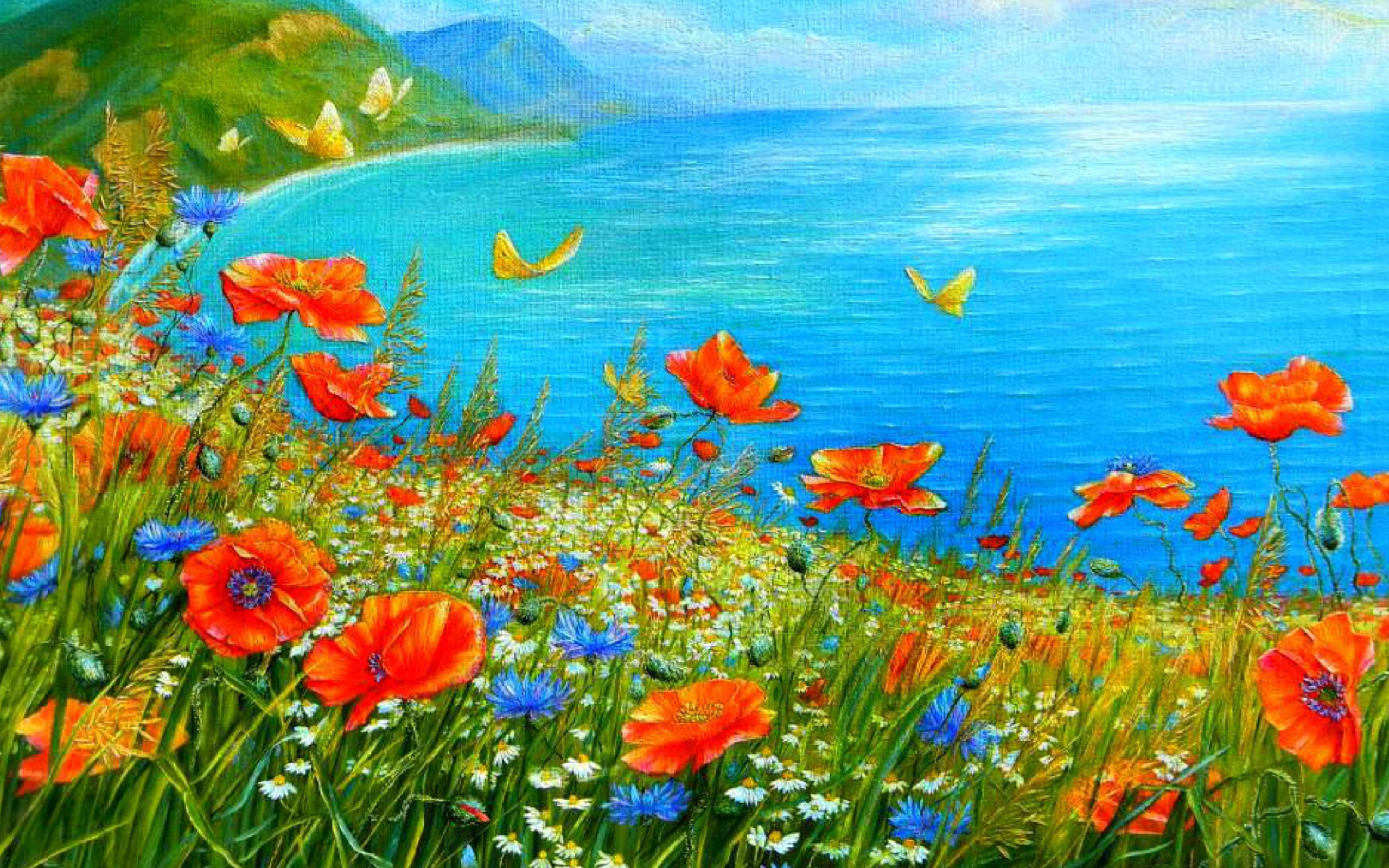 Das Summer Meadow By Sea Painting Wallpaper 2560x1600
