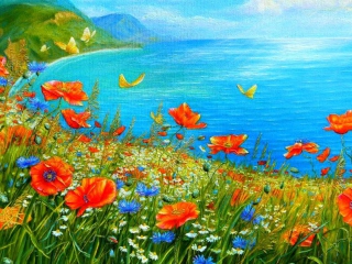 Fondo de pantalla Summer Meadow By Sea Painting 320x240