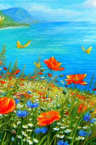 Summer Meadow By Sea Painting wallpaper 320x480