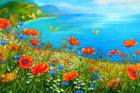 Das Summer Meadow By Sea Painting Wallpaper 480x320