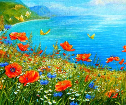 Das Summer Meadow By Sea Painting Wallpaper 480x400
