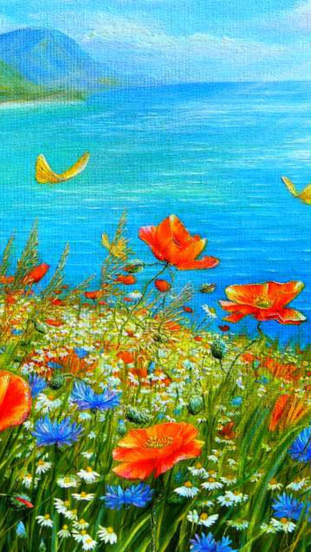 Summer Meadow By Sea Painting wallpaper 640x1136