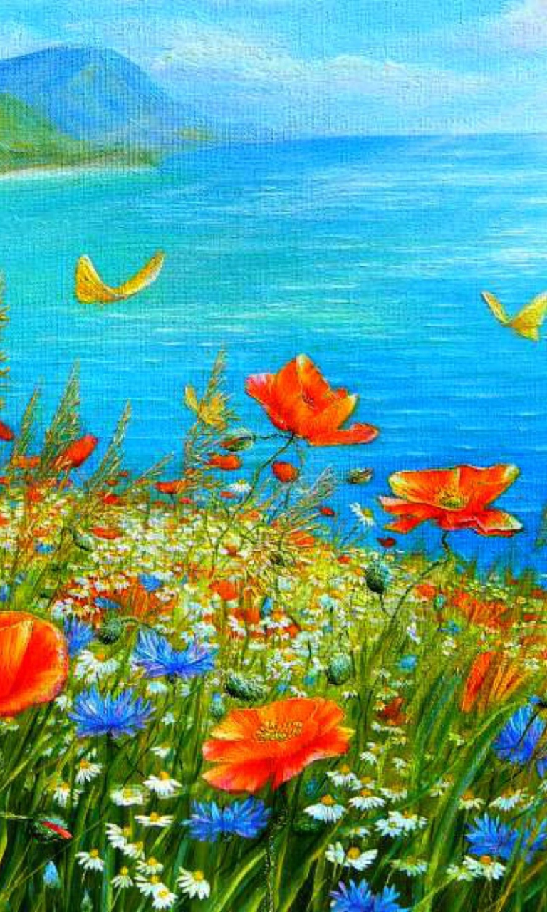 Das Summer Meadow By Sea Painting Wallpaper 768x1280