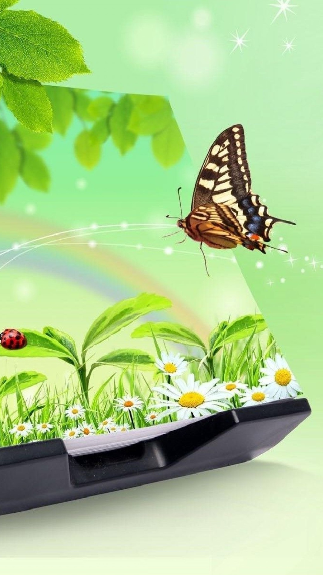 3D Green Nature with Butterfly wallpaper 1080x1920