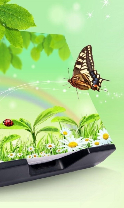 3D Green Nature with Butterfly wallpaper 480x800