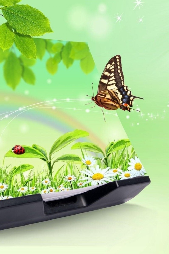 3D Green Nature with Butterfly wallpaper 640x960