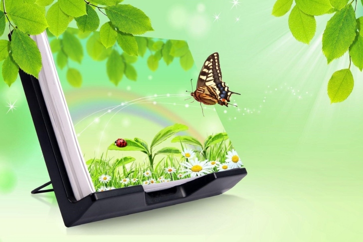 3D Green Nature with Butterfly wallpaper