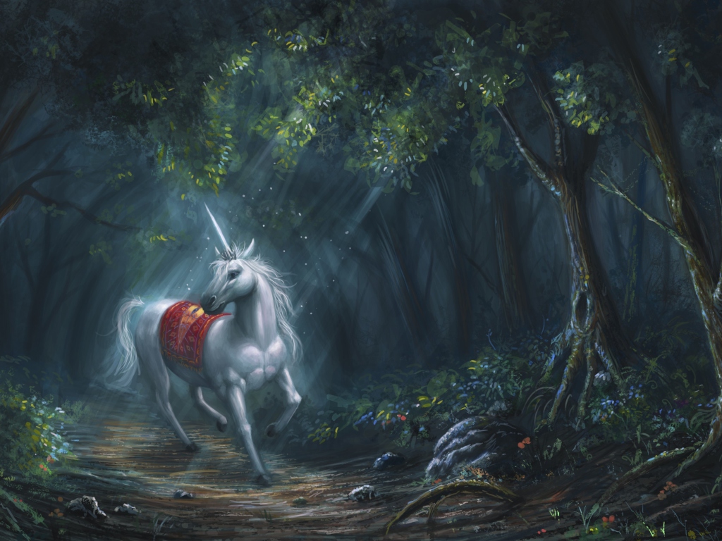 Обои Unicorn In Fantasy Forest 1024x768