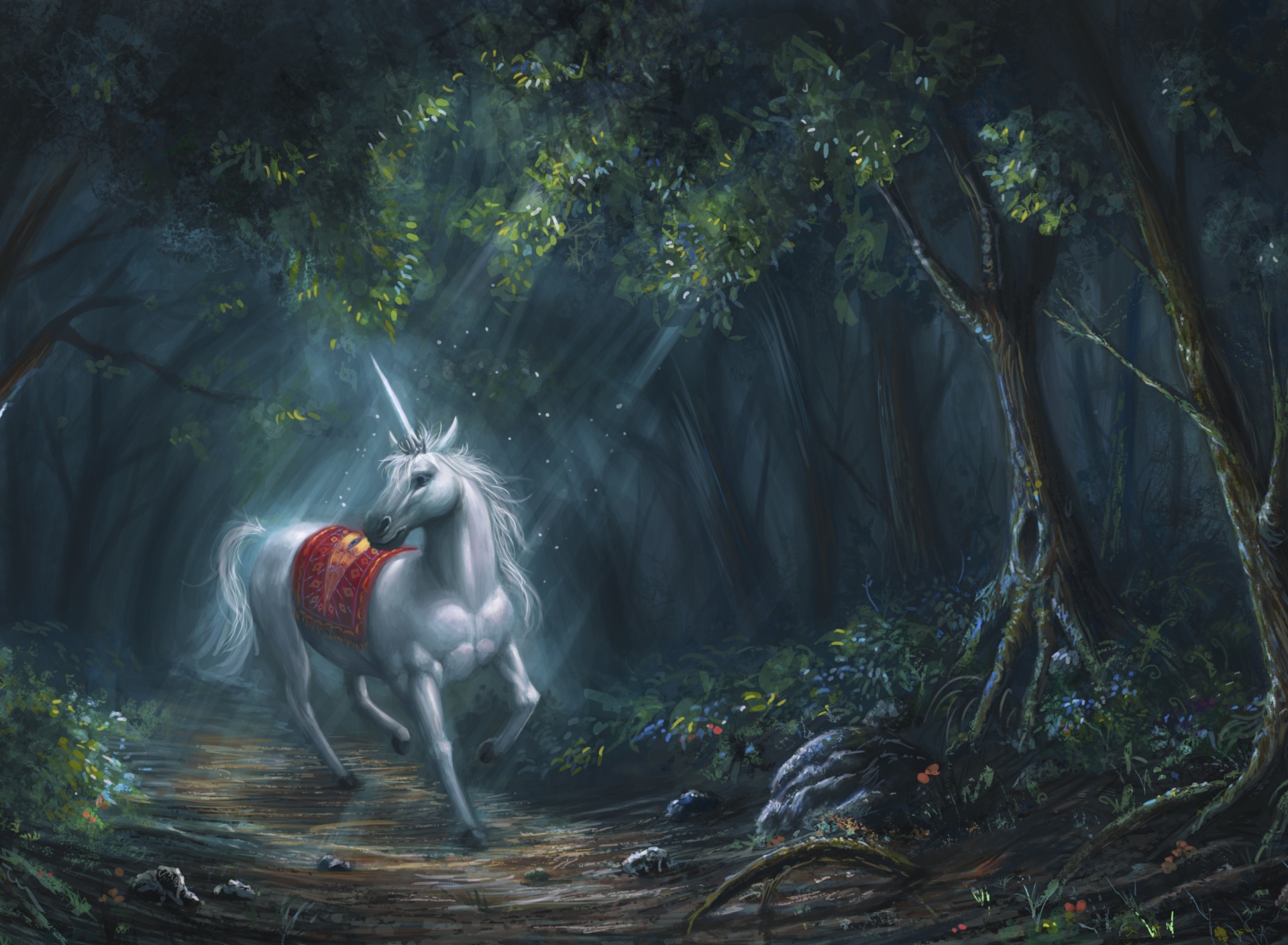 Unicorn In Fantasy Forest wallpaper 1920x1408