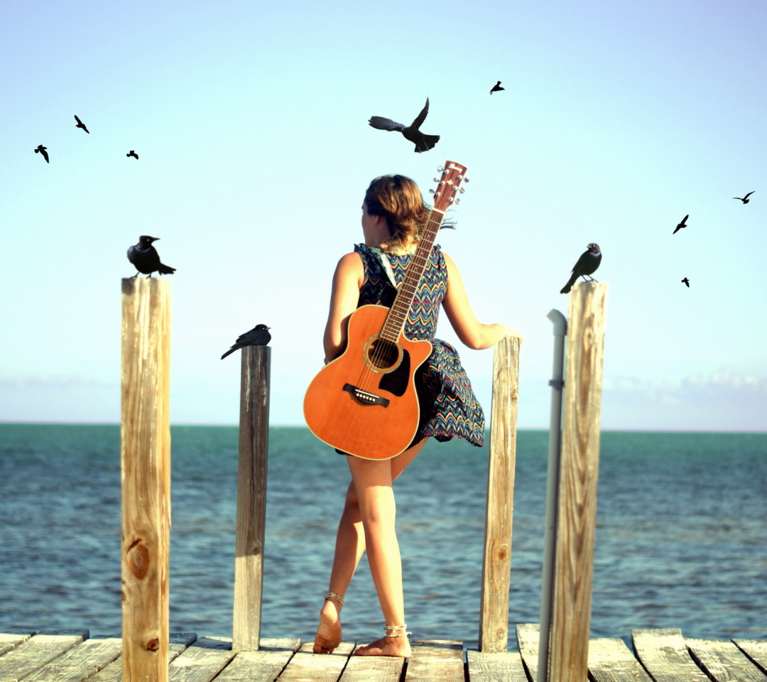 Das Girl With Guitar On Sea Wallpaper 1080x960