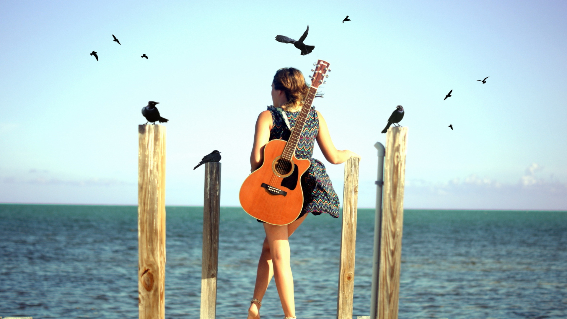 Sfondi Girl With Guitar On Sea 1920x1080