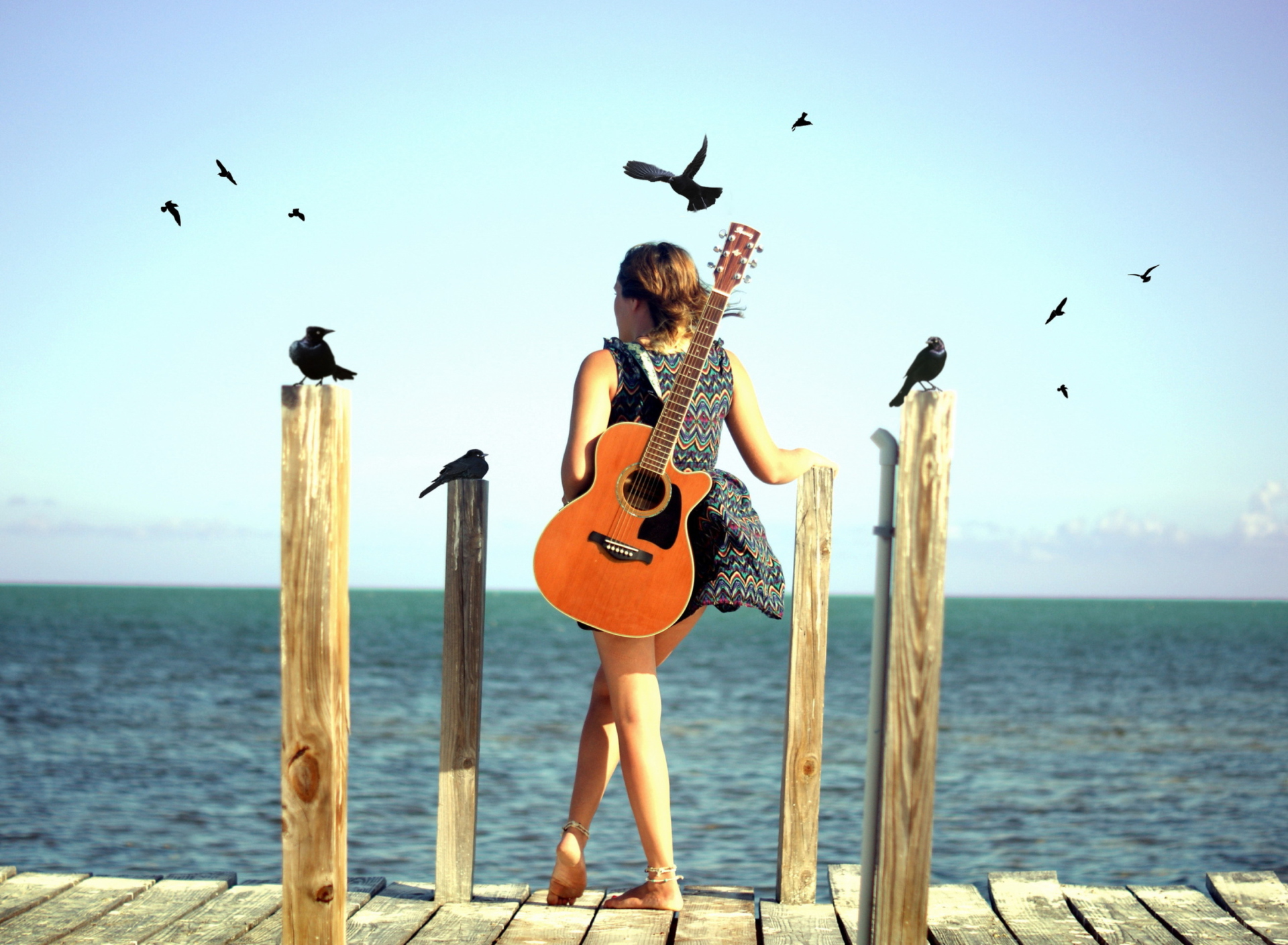 Girl With Guitar On Sea wallpaper 1920x1408