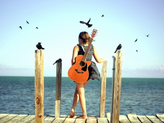 Girl With Guitar On Sea wallpaper 320x240