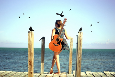 Sfondi Girl With Guitar On Sea 480x320