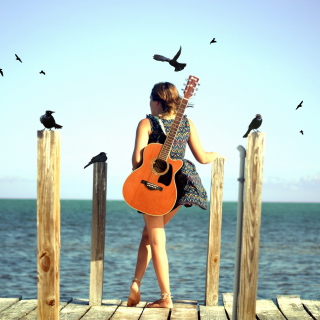 Girl With Guitar On Sea papel de parede para celular para iPad Air