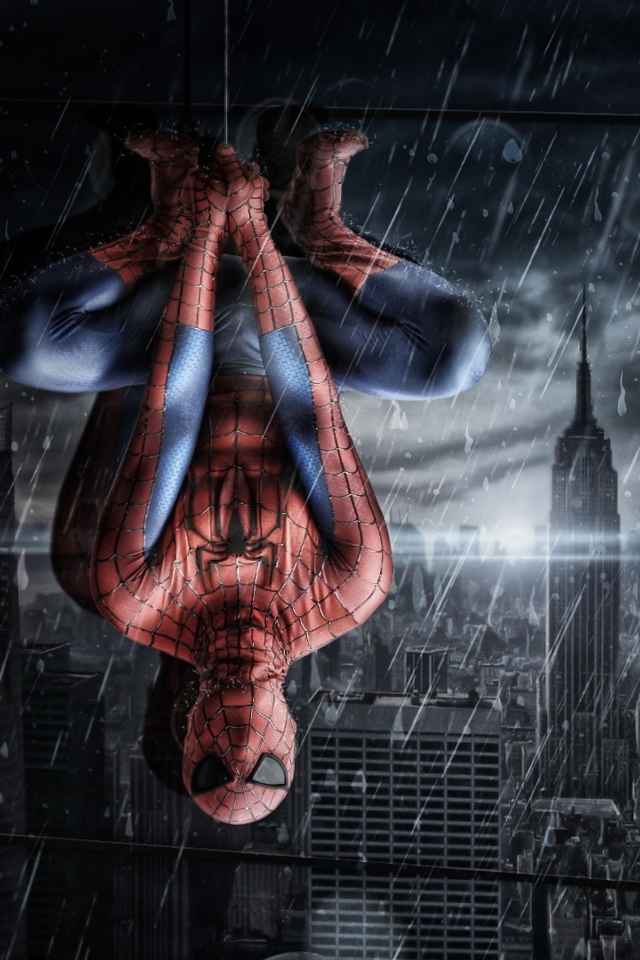 Fondo de pantalla Spiderman Under Rain 640x960