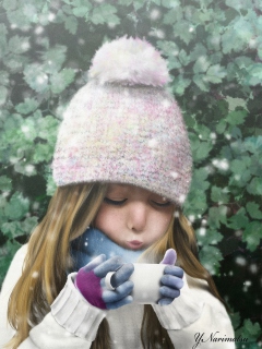 Girl With Cup Of Hot Tea Painting wallpaper 240x320