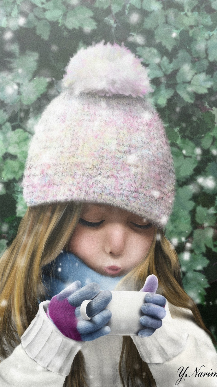 Girl With Cup Of Hot Tea Painting wallpaper 750x1334