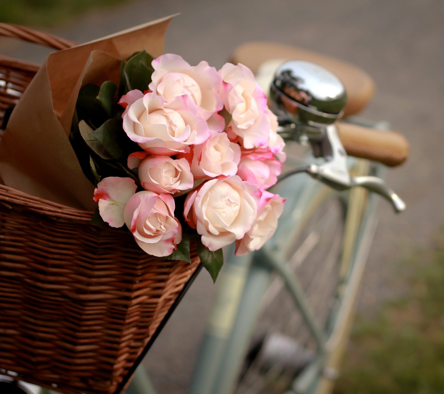 Pink Roses In Bicycle Basket wallpaper 1440x1280