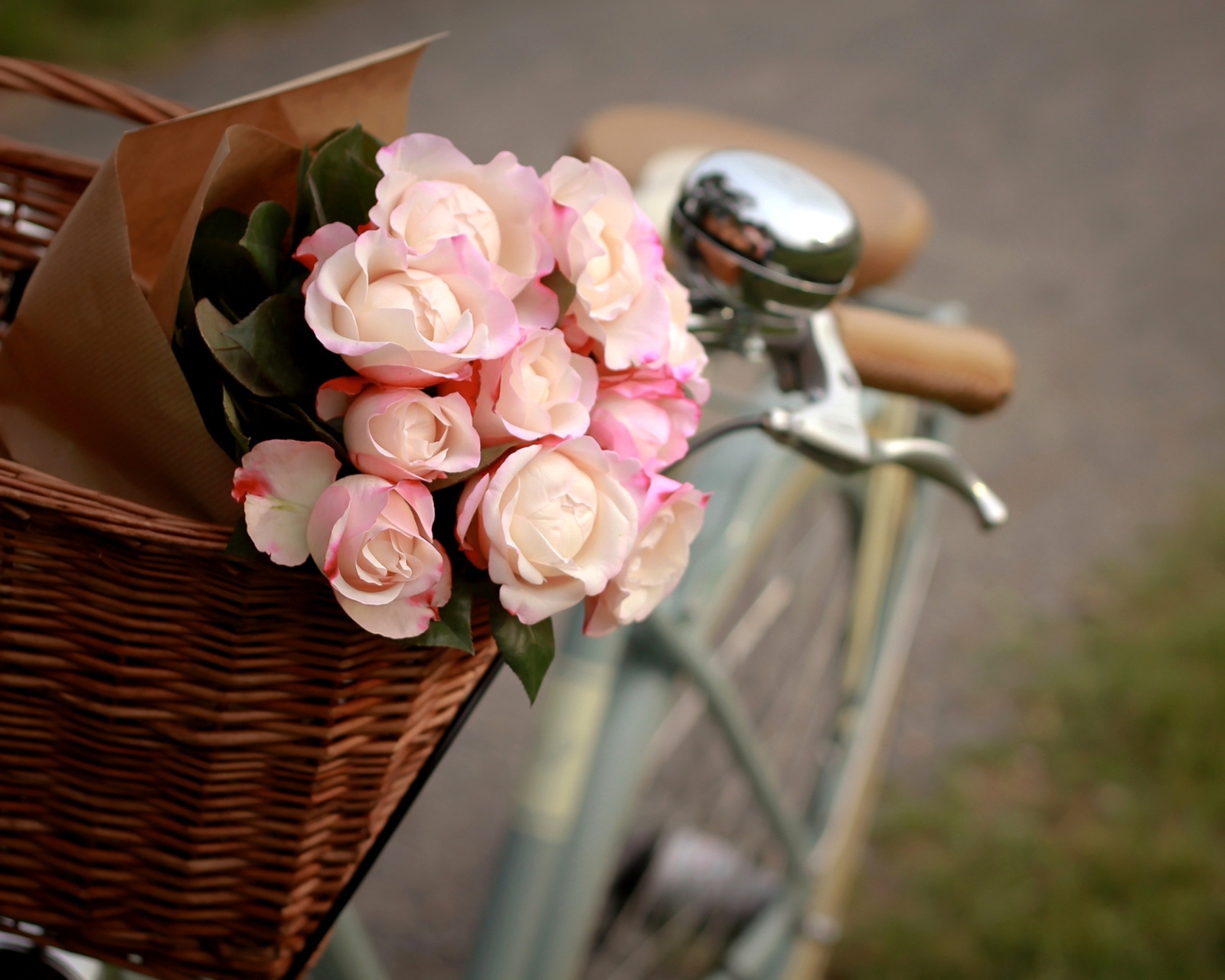 Pink Roses In Bicycle Basket wallpaper 1600x1280
