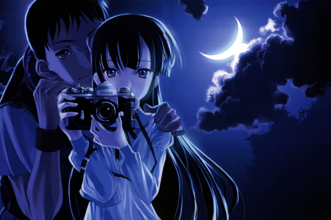 Das Anime Girl With Vintage Photo Camera Wallpaper 480x320