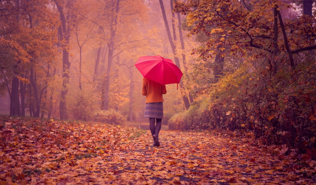 Das Autumn Walk With Red Umbrella Wallpaper 1024x600